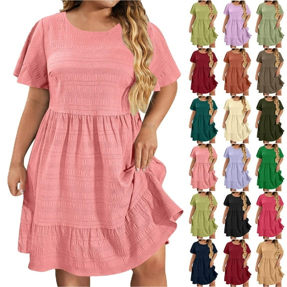 Lenago Women's Summer Dress Plus Size Deep Round Neck Standard-Fit Short Sleeve Casual Loose Tank Dress Party Beach Dress with Pockets Solid Mini Party Dress