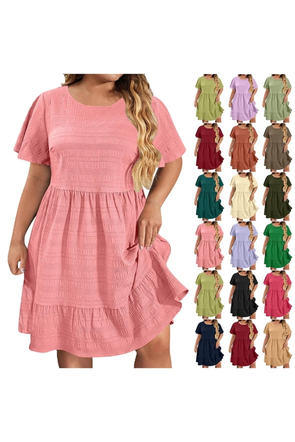 Women's Summer Dress Plus Size Deep Round Neck Standard-Fit Short Sleeve Casual Loose Tank Dress Party Beach Dress with Pockets Solid Mini Party Dress