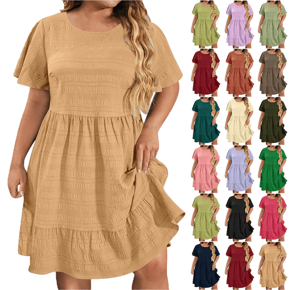 Lenago Women's Summer Dress Plus Size Deep Round Neck Standard-Fit Short Sleeve Casual Loose Tank Dress Party Beach Dress with Pockets Solid Mini Party Dress