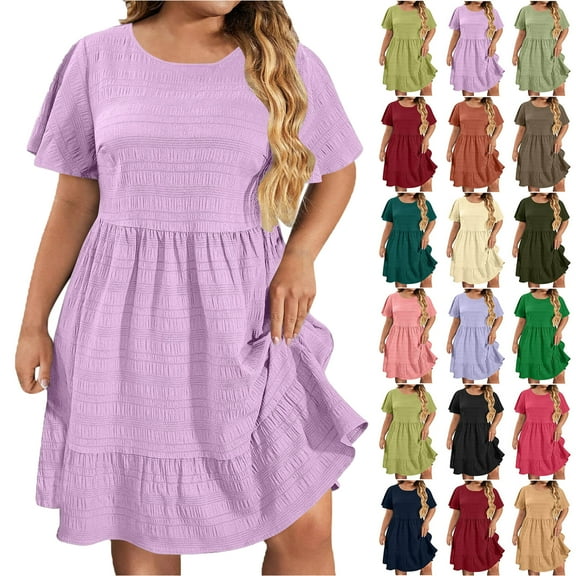 Lenago Women's Summer Dress Plus Size Deep Round Neck Standard-Fit Short Sleeve Casual Loose Tank Dress Party Beach Dress with Pockets Solid Mini Party Dress