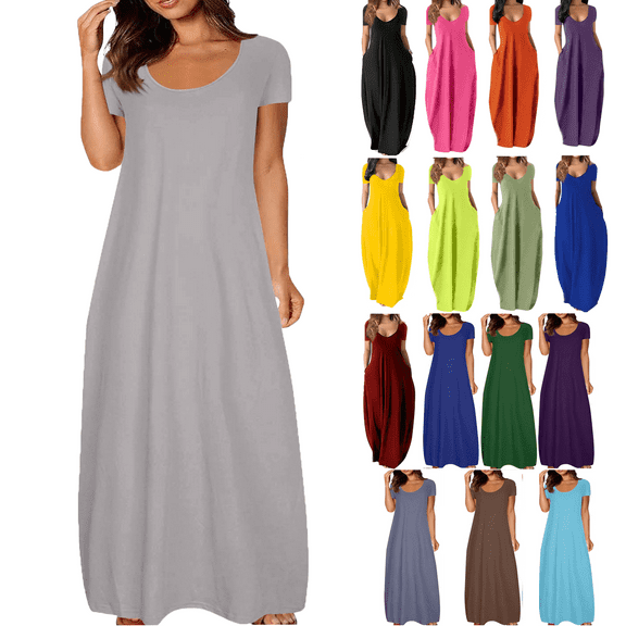 Lenago Women's Summer Dress Plus Size Deep V-Neck Standard-Fit Short Sleeve Casual Loose Tank Dress Party Beach Dress with Pockets Solid Maxi Party Dress