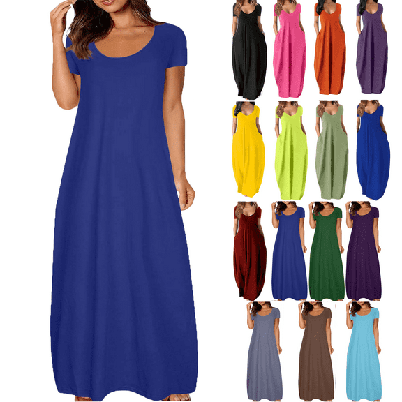 Lenago Women's Summer Dress Plus Size Deep V-Neck Standard-Fit Short Sleeve Casual Loose Tank Dress Party Beach Dress with Pockets Solid Maxi Party Dress