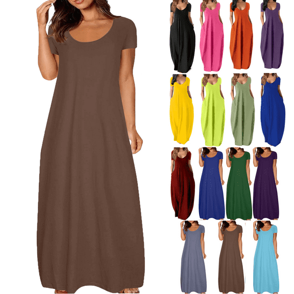 Lenago Women's Summer Dress Plus Size Deep V-Neck Standard-Fit Short Sleeve Casual Loose Tank Dress Party Beach Dress with Pockets Solid Maxi Party Dress
