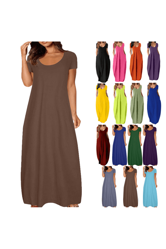 Lenago Women's Summer Dress Plus Size Deep V-Neck Standard-Fit Short Sleeve Casual Loose Tank Dress Party Beach Dress with Pockets Solid Maxi Party Dress