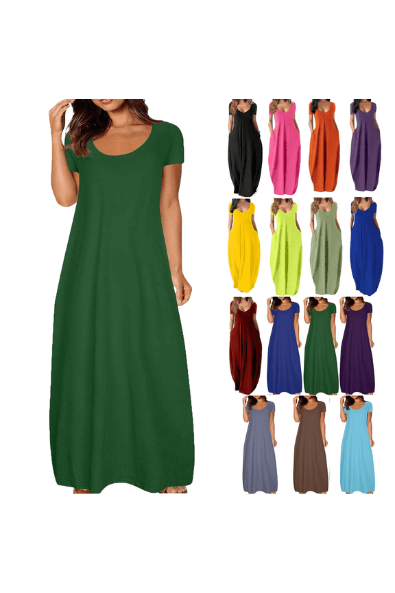 Lenago Women's Summer Dress Plus Size Deep V-Neck Standard-Fit Short Sleeve Casual Loose Tank Dress Party Beach Dress with Pockets Solid Maxi Party Dress