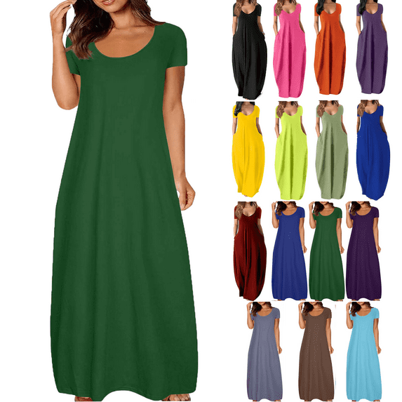 Lenago Women's Summer Dress Plus Size Deep V-Neck Standard-Fit Short Sleeve Casual Loose Tank Dress Party Beach Dress with Pockets Solid Maxi Party Dress