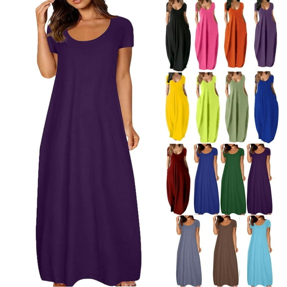 Lenago Women's Summer Dress Plus Size Deep V-Neck Standard-Fit Short Sleeve Casual Loose Tank Dress Party Beach Dress with Pockets Solid Maxi Party Dress