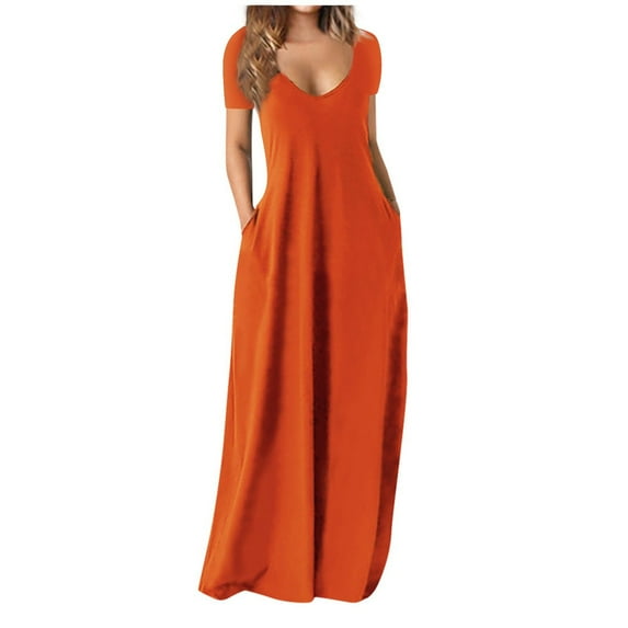 Lenago Women's Summer Dress Plus Size Deep V-Neck Standard-Fit Short Sleeve Solid Maxi Party Dress Beach Formal Blue Dress