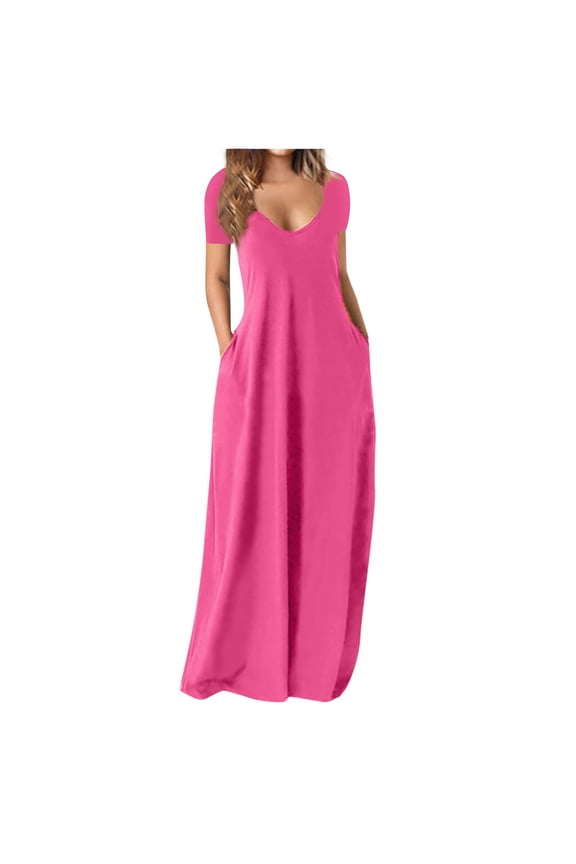 Women's Summer Dress Plus Size Deep V-Neck Standard-Fit Short Sleeve Solid Maxi Party Dress Beach Formal Blue Dress