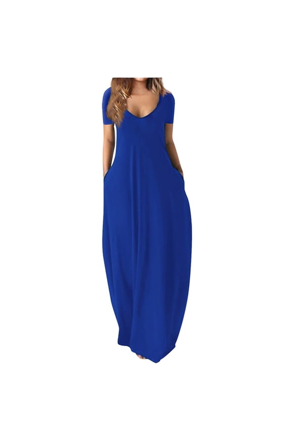 Women's Summer Dress Plus Size Deep V-Neck Standard-Fit Short Sleeve Solid Maxi Party Dress Beach Formal Blue Dress