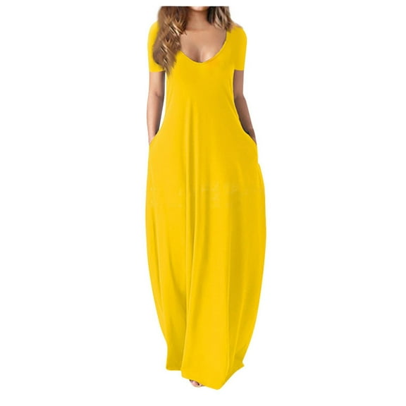 Lenago Women's Summer Dress Plus Size Deep V-Neck Standard-Fit Short Sleeve Solid Maxi Party Dress Beach Formal Blue Dress