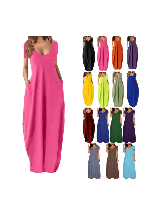 Women's Summer Dress Plus Size Deep V-Neck Standard-Fit Short Sleeve Solid Maxi Party Dress Beach Formal Hot Pink Dress
