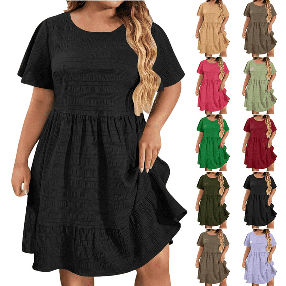 Lenago Women's Summer Dress Plus Size Deep V-Neck Standard-Fit Short Sleeve Solid Maxi Party Dress