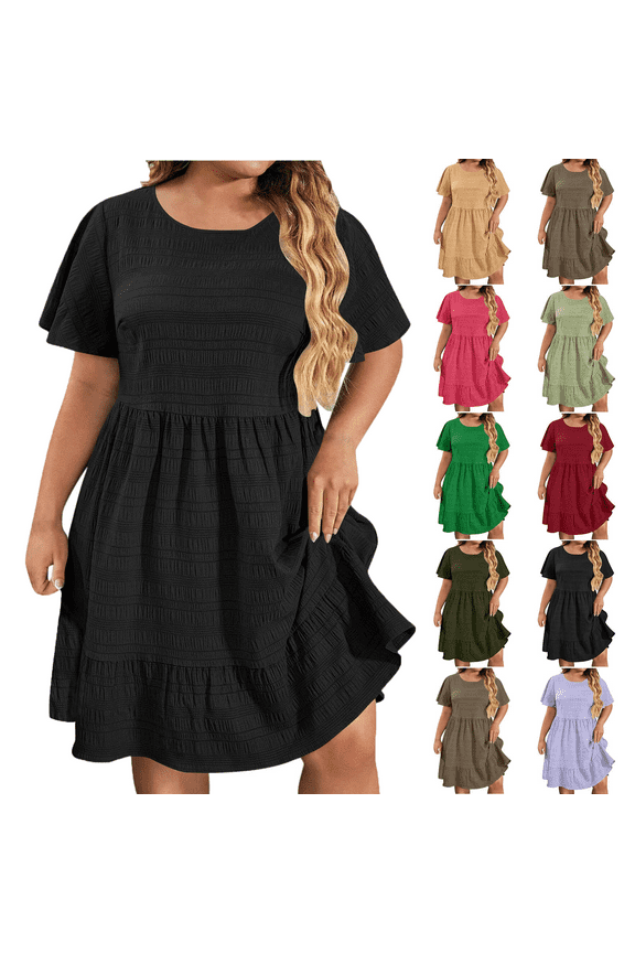 Women's Summer Dress Plus Size Deep V-Neck Standard-Fit Short Sleeve Solid Maxi Party Dress