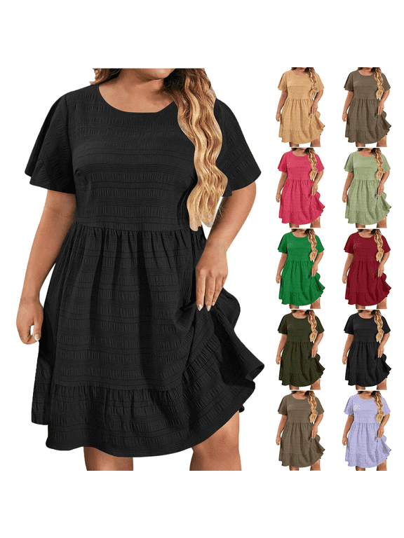 Lenago Women's Summer Dress Plus Size Deep V-Neck Standard-Fit Short Sleeve Solid Maxi Party Dress