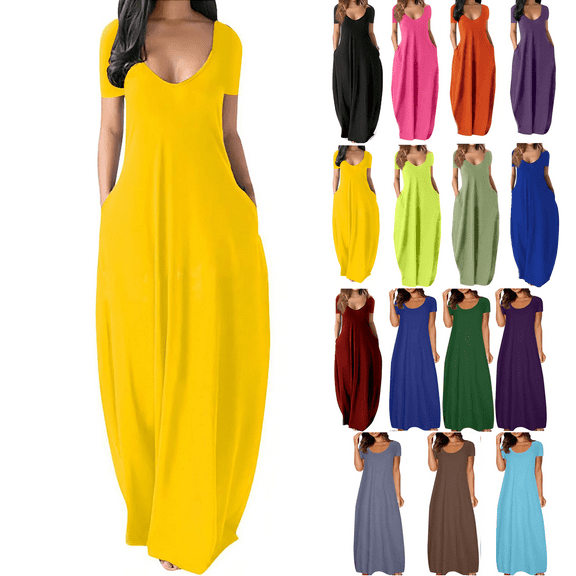 Lenago Women's Summer Dress Plus Size Deep V-Neck Standard-Fit Short Sleeve Solid Maxi Party Dress