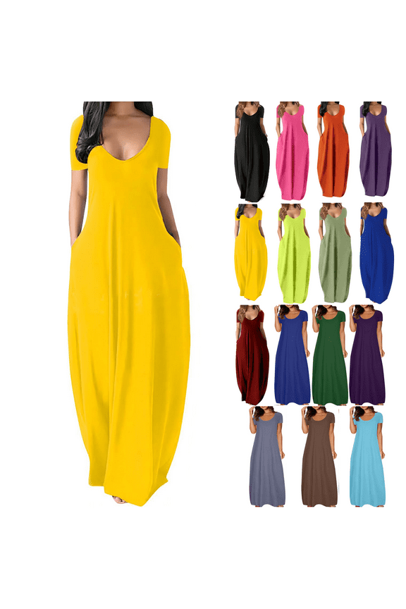 Lenago Women's Summer Dress Plus Size Deep V-Neck Standard-Fit Short Sleeve Solid Maxi Party Dress