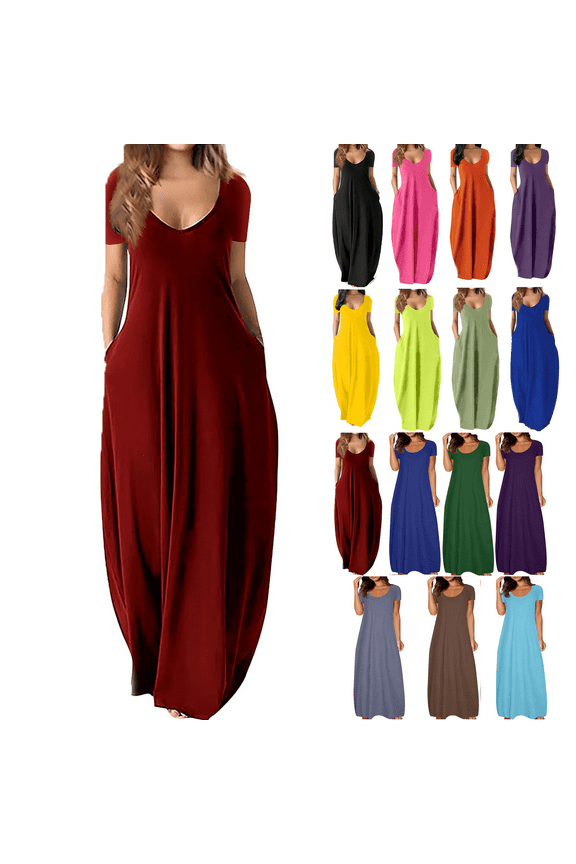 Lenago Women's Summer Dress Plus Size Deep V-Neck Standard-Fit Short Sleeve Solid Maxi Party Dress