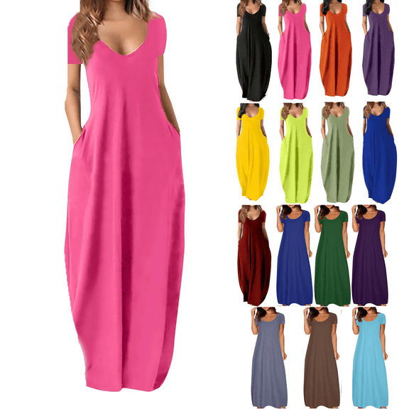 Lenago Women's Summer Dress Plus Size Deep V-Neck Standard-Fit Short Sleeve Solid Maxi Party Dress