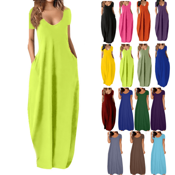 Lenago Women's Summer Dress Plus Size Deep V-Neck Standard-Fit Short Sleeve Solid Maxi Party Dress