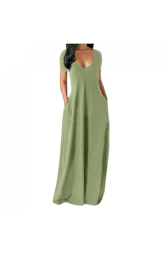 Women's Summer Dress Plus Size Deep V-Neck Standard-Fit Short Sleeve Solid Maxi Party Dress