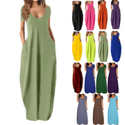 HAOZZAW Lenago Women's Summer Dress Plus Size Deep V-Neck Standard-Fit Short Sleeve Solid Maxi Party Dress