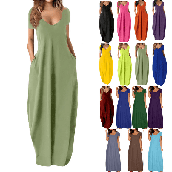 Lenago Women's Summer Dress Plus Size Deep V-Neck Standard-Fit Short Sleeve Solid Maxi Party Dress