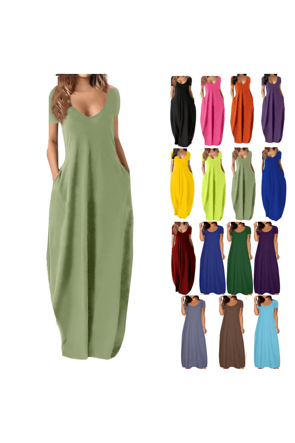 Women's Summer Dress Plus Size Deep V-Neck Standard-Fit Short Sleeve Solid Maxi Party Dress