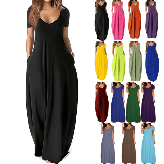 Lenago Women's Summer Dress Plus Size Deep V-Neck Standard-Fit Short Sleeve Solid Maxi Party Dress