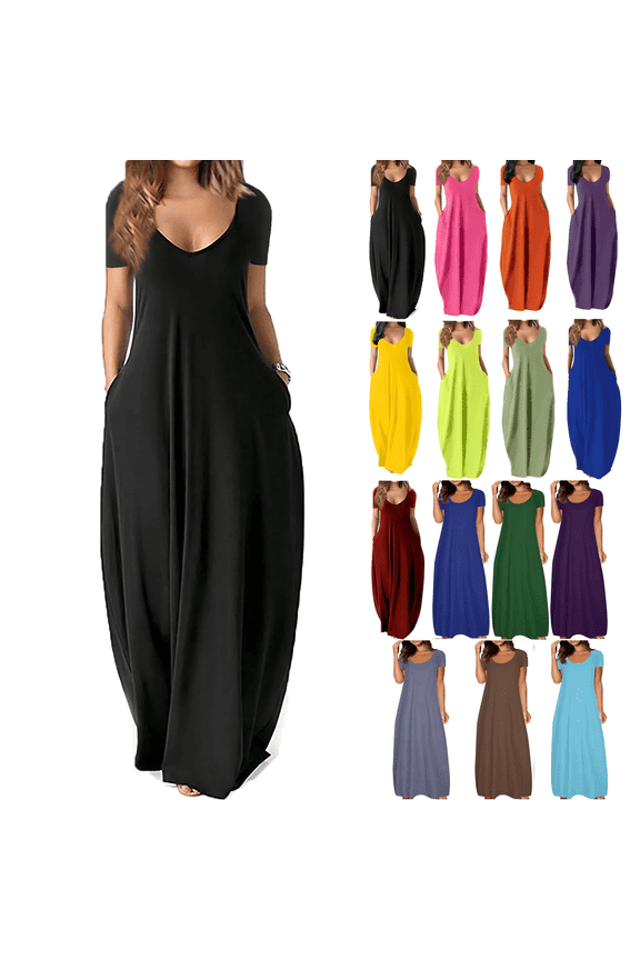 Women's Summer Dress Plus Size Deep V-Neck Standard-Fit Short Sleeve Solid Maxi Party Dress