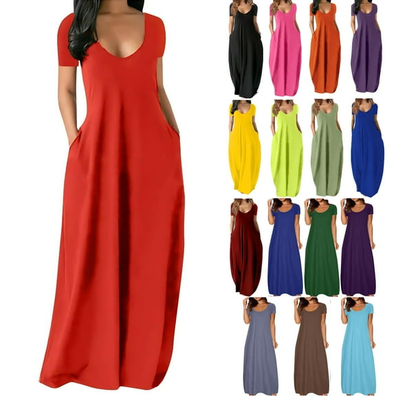 Lenago Women's Summer Dress Plus Size Deep V-Neck Standard-Fit Short Sleeve Solid Maxi Party Dress