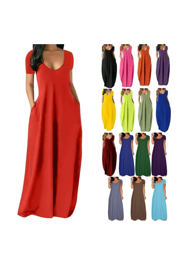 Lenago Women's Summer Dress Plus Size Deep V-Neck Standard-Fit Short Sleeve Solid Maxi Party Dress