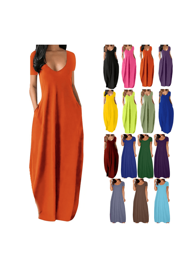 Lenago Women's Summer Dress Plus Size Deep V-Neck Standard-Fit Short Sleeve Solid Maxi Party Dress