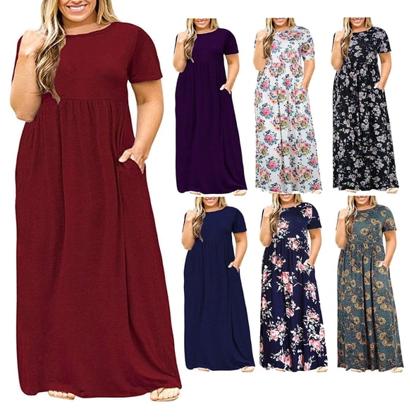Lenago Women's Summer Dress Plus Size Round Neck Standard-Fit Short Sleeve Solid Maxi Party Dress with Pocket