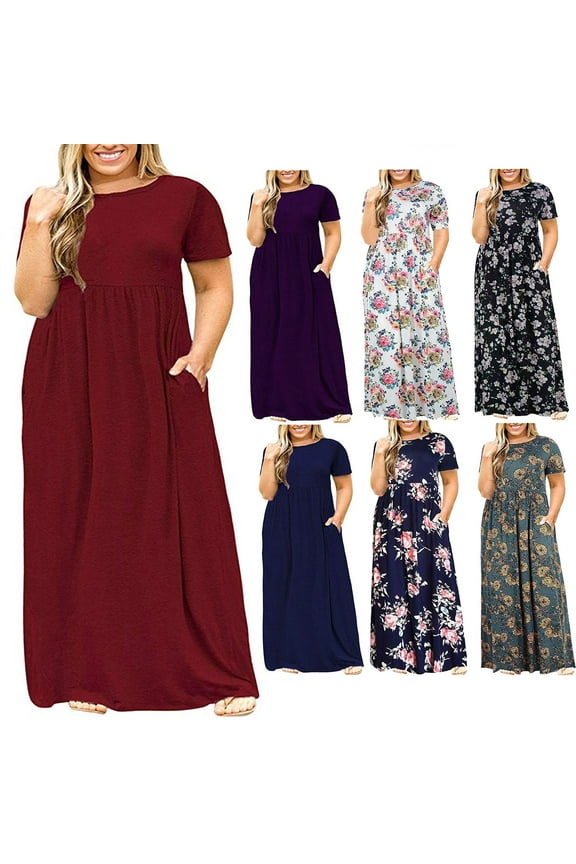 Lenago Women's Summer Dress Plus Size Round Neck Standard-Fit Short Sleeve Solid Maxi Party Dress with Pocket