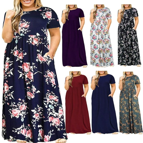 Lenago Women's Summer Dress Plus Size Round Neck Standard-Fit Short Sleeve Solid Maxi Party Dress with Pocket