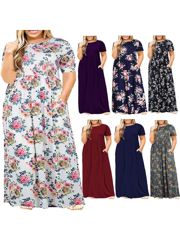 Lenago Women's Summer Dress Plus Size Round Neck Standard-Fit Short Sleeve Solid Maxi Party Dress with Pocket