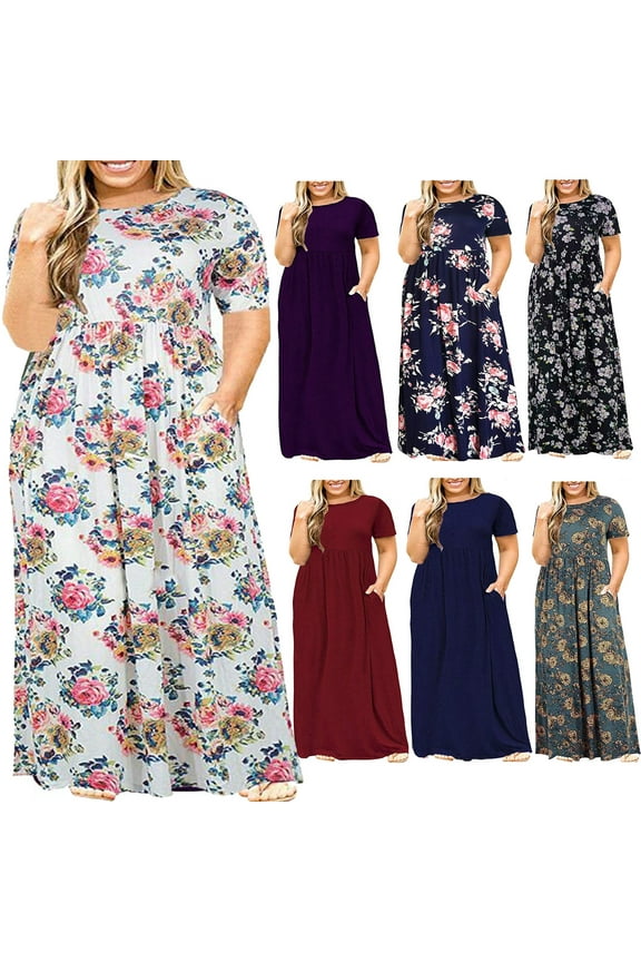 Lenago Women's Summer Dress Plus Size Round Neck Standard-Fit Short Sleeve Solid Maxi Party Dress with Pocket