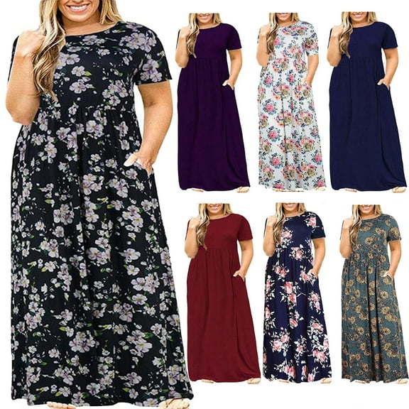 Lenago Women's Summer Dress Plus Size Round Neck Standard-Fit Short Sleeve Solid Maxi Party Dress with Pocket