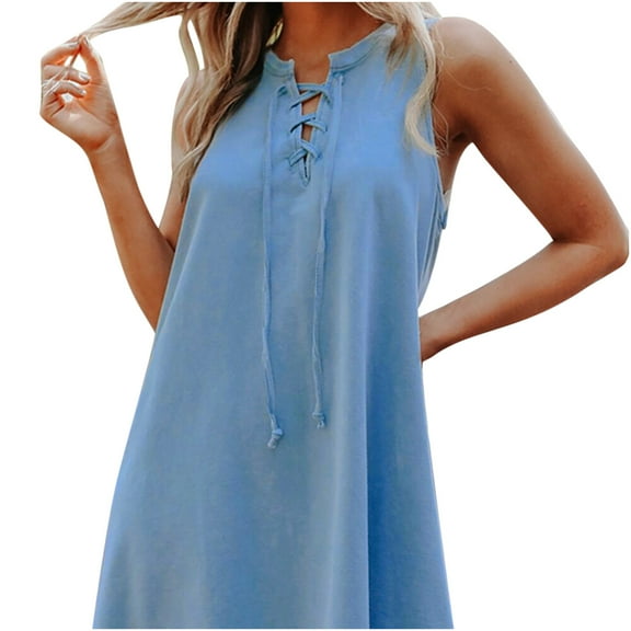 Lenago Women's Summer Dresses Solid Color O-Neck Denim Dress Casual Loose Oversized Vest Dress for Women Party Casual