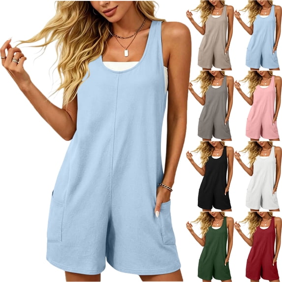 Lenago Women's Summer Solid Color Casual Backless Round Neck Two Pockets Full Length Romper