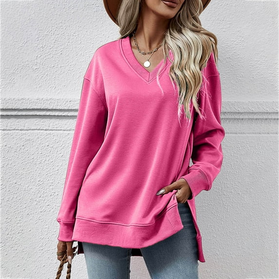 Lenago Women's Sweatshirt Long Sleeves Solid Color Sweatshirts for Ladies V Neck Pull Over Autumn Outwear No Hoods Fashion Shirt Lightweight Tops Plus Size