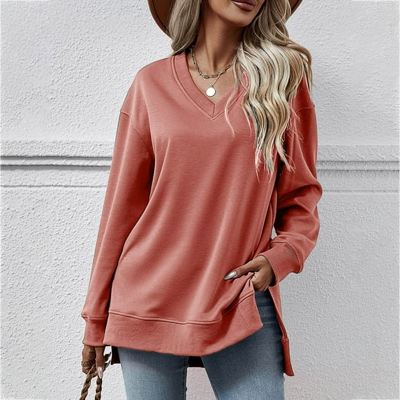 Lenago Women's Sweatshirt Long Sleeves Solid Color Sweatshirts for Ladies V Neck Pull Over Autumn Outwear No Hoods Fashion Shirt Lightweight Tops Plus Size