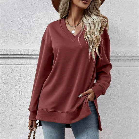 Lenago Women's Sweatshirt Long Sleeves Solid Color Sweatshirts for Ladies V Neck Pull Over Autumn Outwear No Hoods Fashion Shirt Lightweight Tops Plus Size