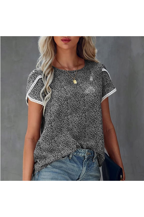Lenago Women's Tops Casual Floral Print Lace Crochet Short Sleeve Peplum Tops Crewneck Summer Loose Tunic Top Black Blouse Shirt Clothes