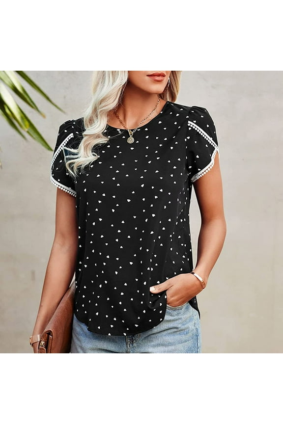 Lenago Women's Tops Casual Floral Print Lace Crochet Short Sleeve Peplum Tops Crewneck Summer Loose Tunic Top Black Blouse Shirt Clothes