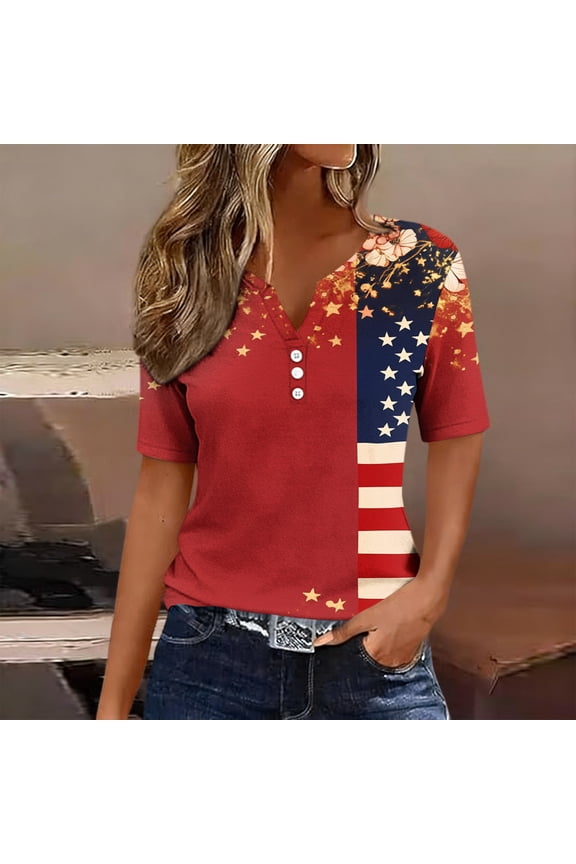 Women's Tops Ladies' Independence Day Printed Button Short Sleeved V-neck Top/shirt
