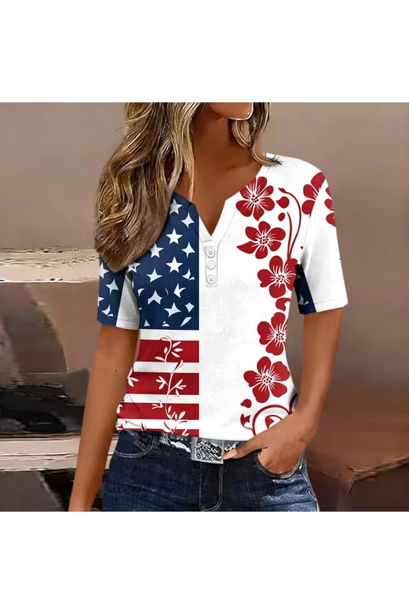 Women's Tops Ladies' Independence Day Printed Button Short Sleeved V-neck Top/shirt