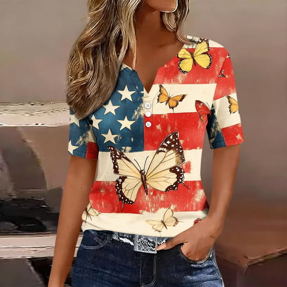 Lenago Women's Tops Ladies' Independence Day Printed Button Short Sleeved V-neck Top/shirt