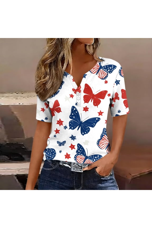 Women's Tops Ladies' Independence Day Printed Button Short Sleeved V-neck Top/shirt
